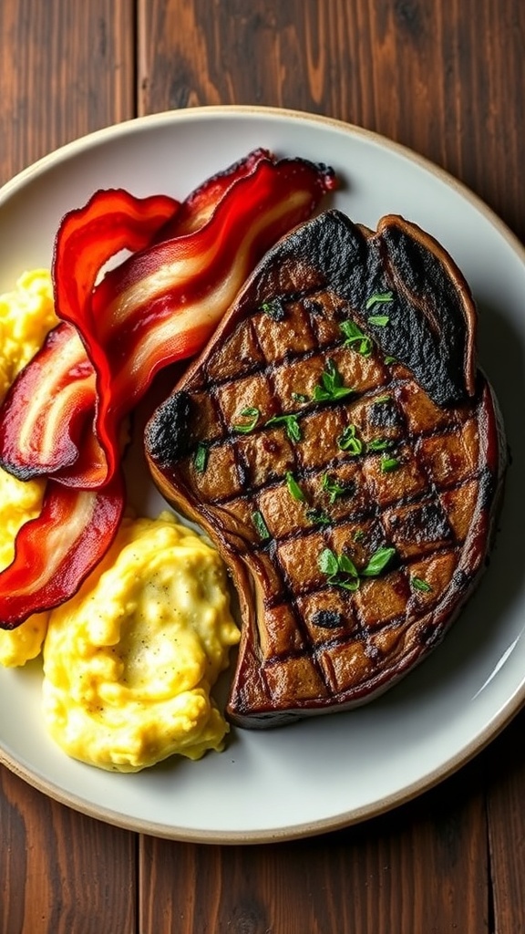 Easy Carnivore Diet Meal Ideas A plate of grilled ribeye steak, crispy bacon, and scrambled eggs on a wooden table.